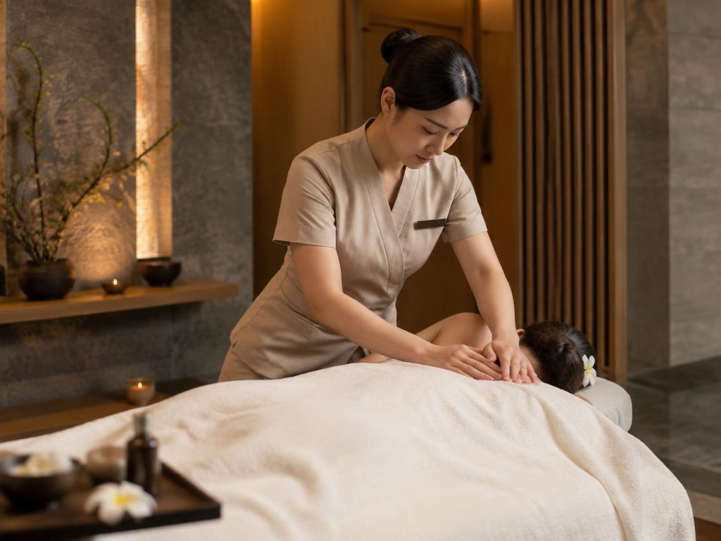 Therapist giving a relaxing shoulder massage in a calm spa setting