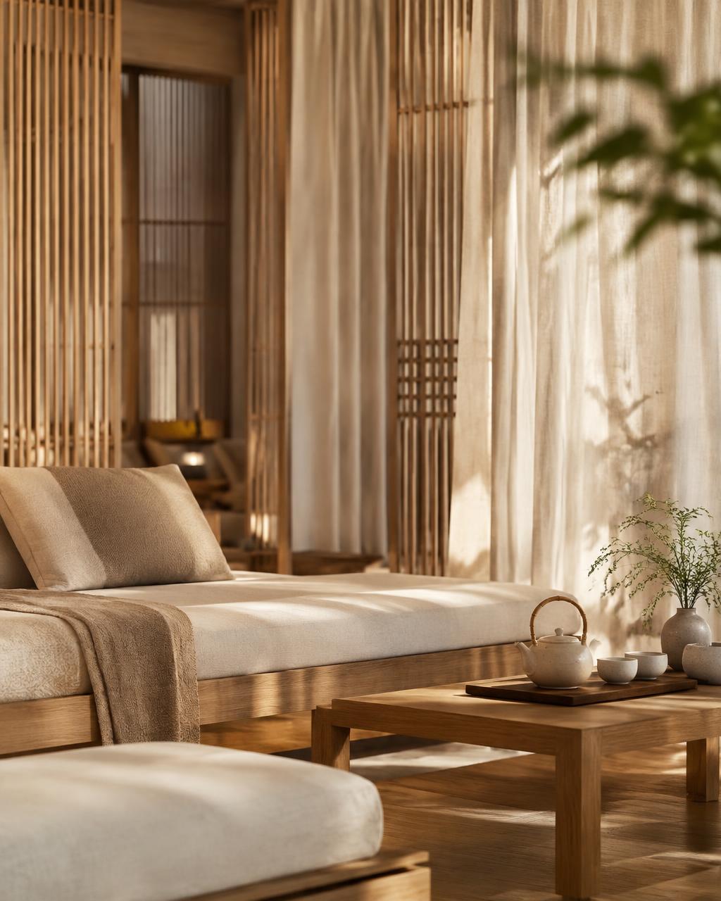 Calm spa lounge with a cream daybed, wooden screens and a tea set